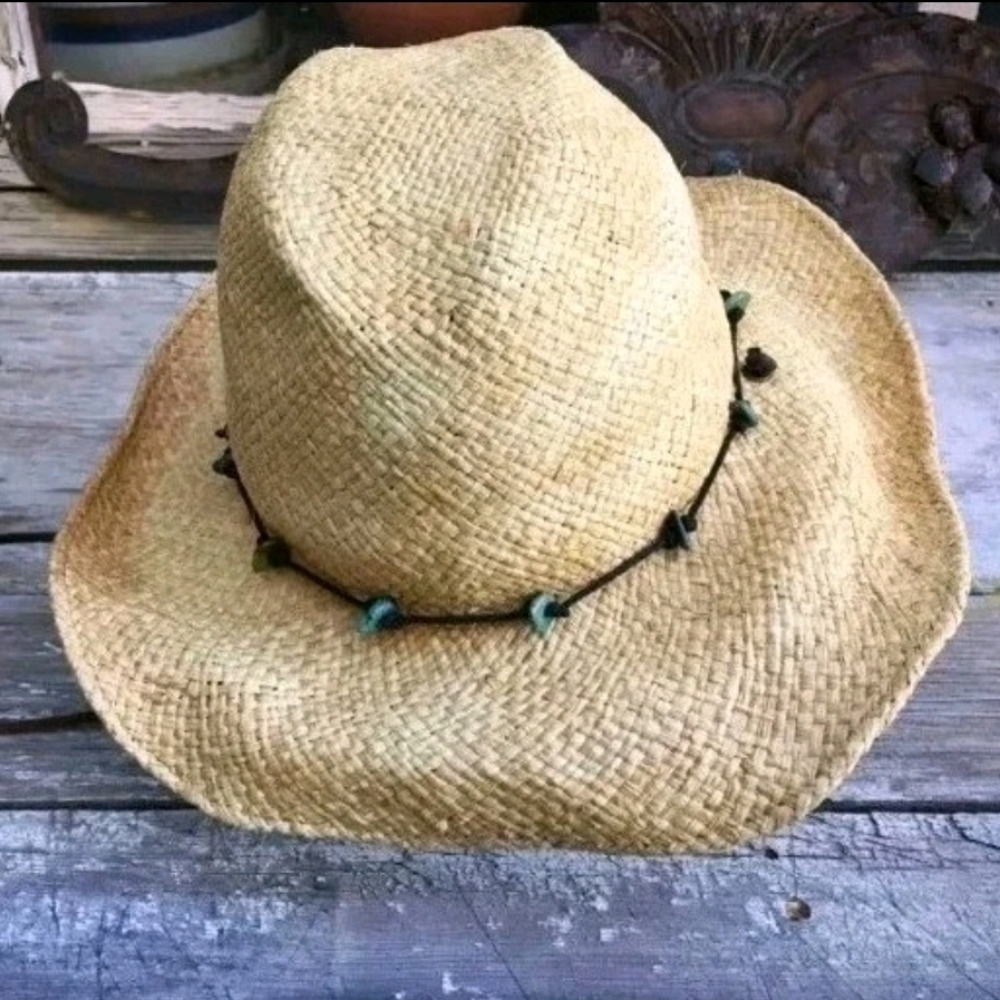 Vintage Distressed Scala Straw Hat Wide Brim Turquoise LeatherBand Western Boho - Picture 4 of 7